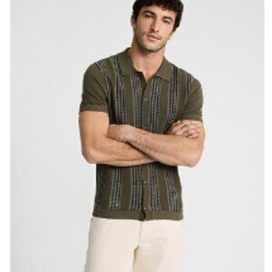 Textured Striped Cotton Short Sleeve Sweater Polo